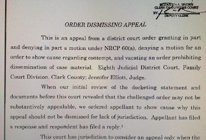 Nevada Supreme Court dismisses the Saiter family law appeal filed by attorney Jennifer Abrams against Veterans In Politics International and Steve Sanson