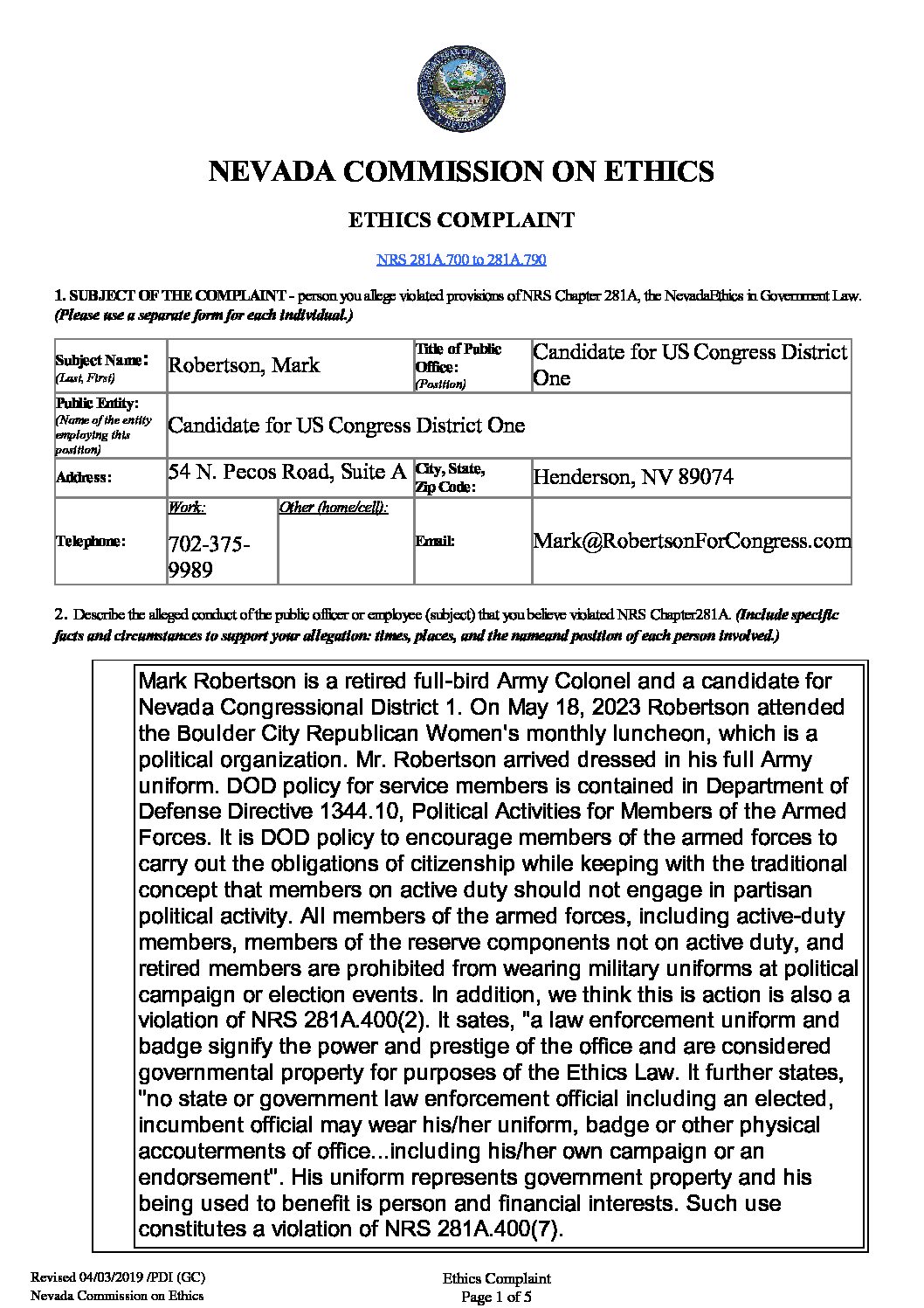 Ethics Complaint filed against Mark Robertson Nevada’s Congressional Candidate!